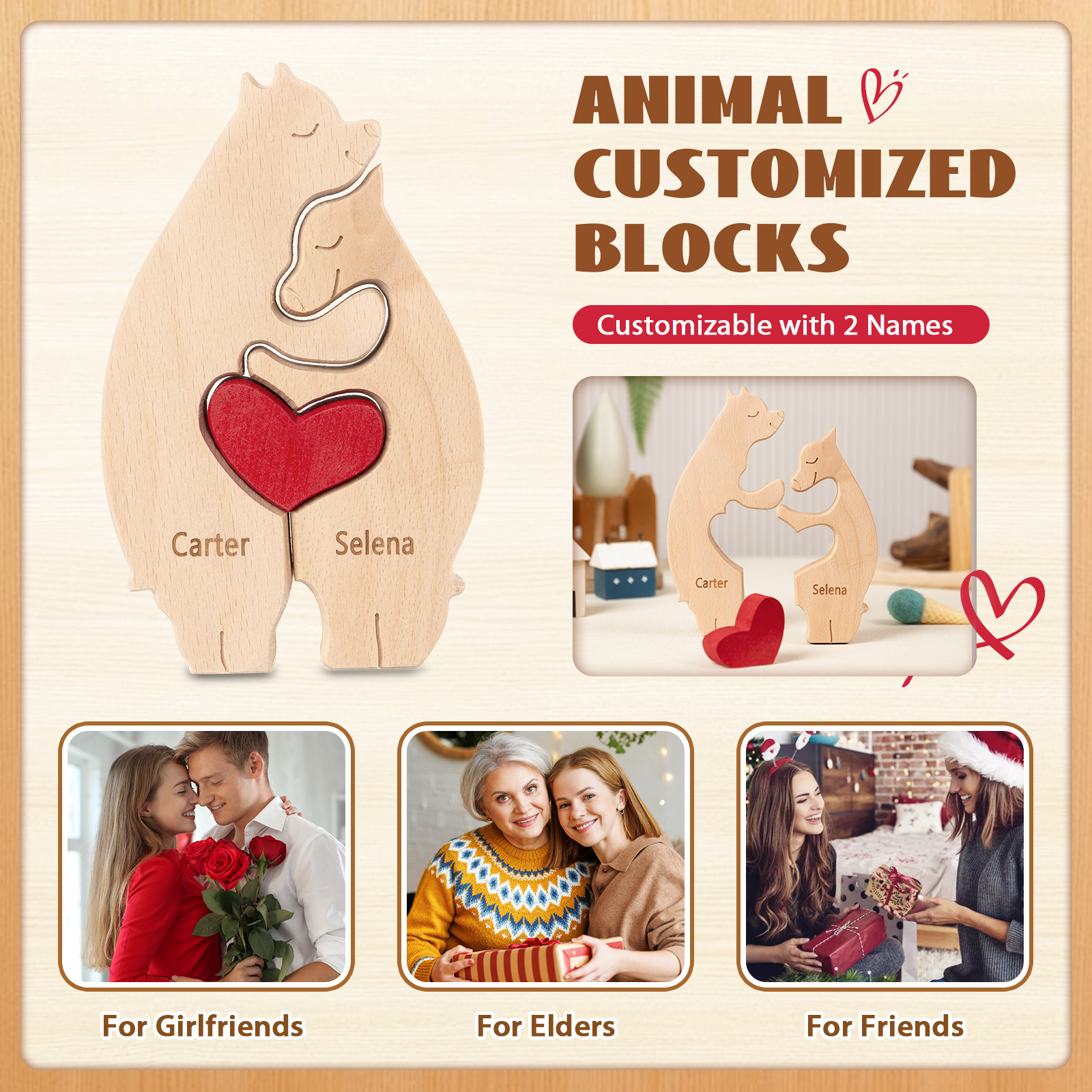 Personalised Wooden Animal Puzzle Custom 2 Names Puzzle Bear Hedgehog Elephant Hug Ornament Gifts for Family Couple-Jessemade AU