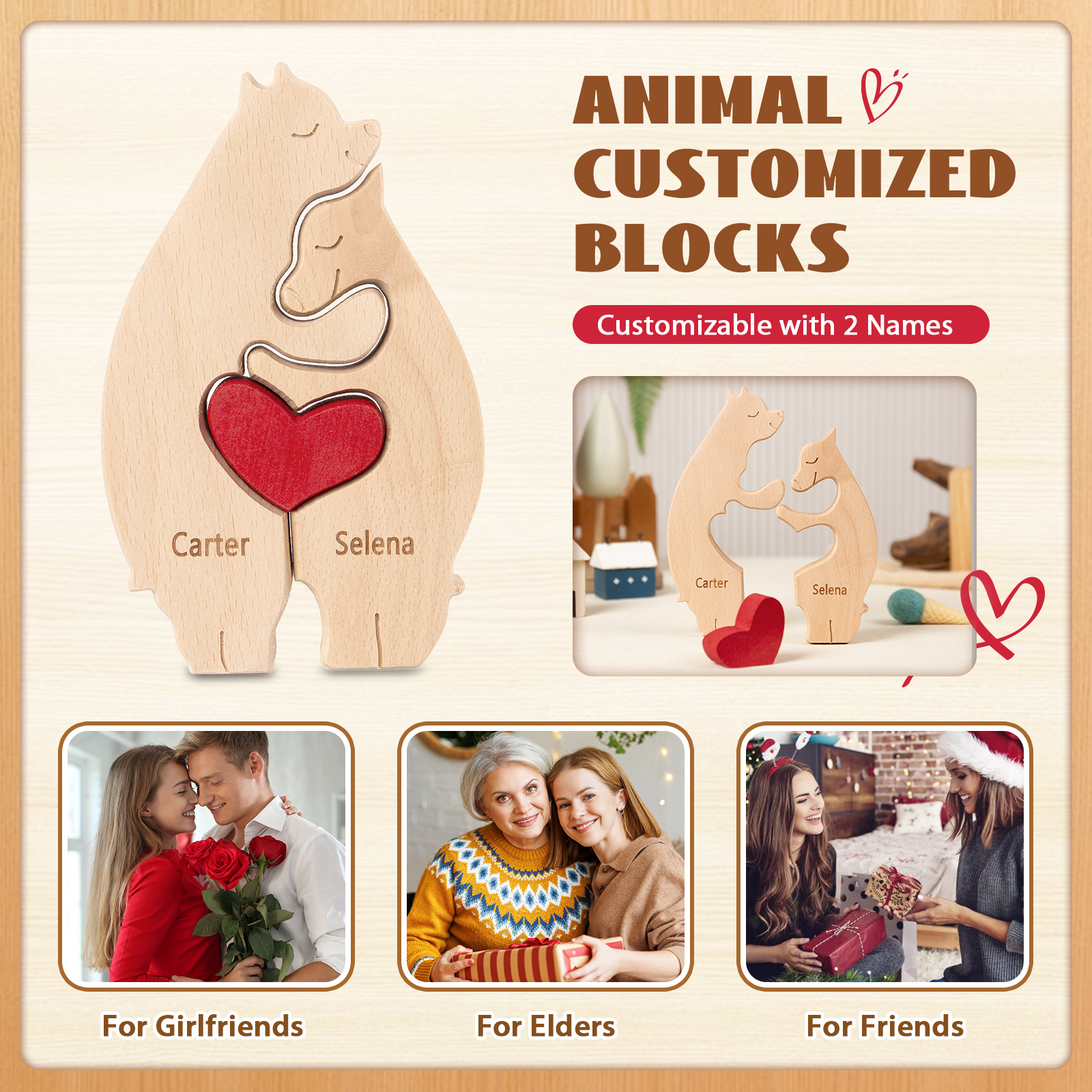 Personalised Wooden Animal Puzzle Custom 2 Names Puzzle Bear Hedgehog Elephant Hug Ornament Gifts for Family Couple-Jessemade AU