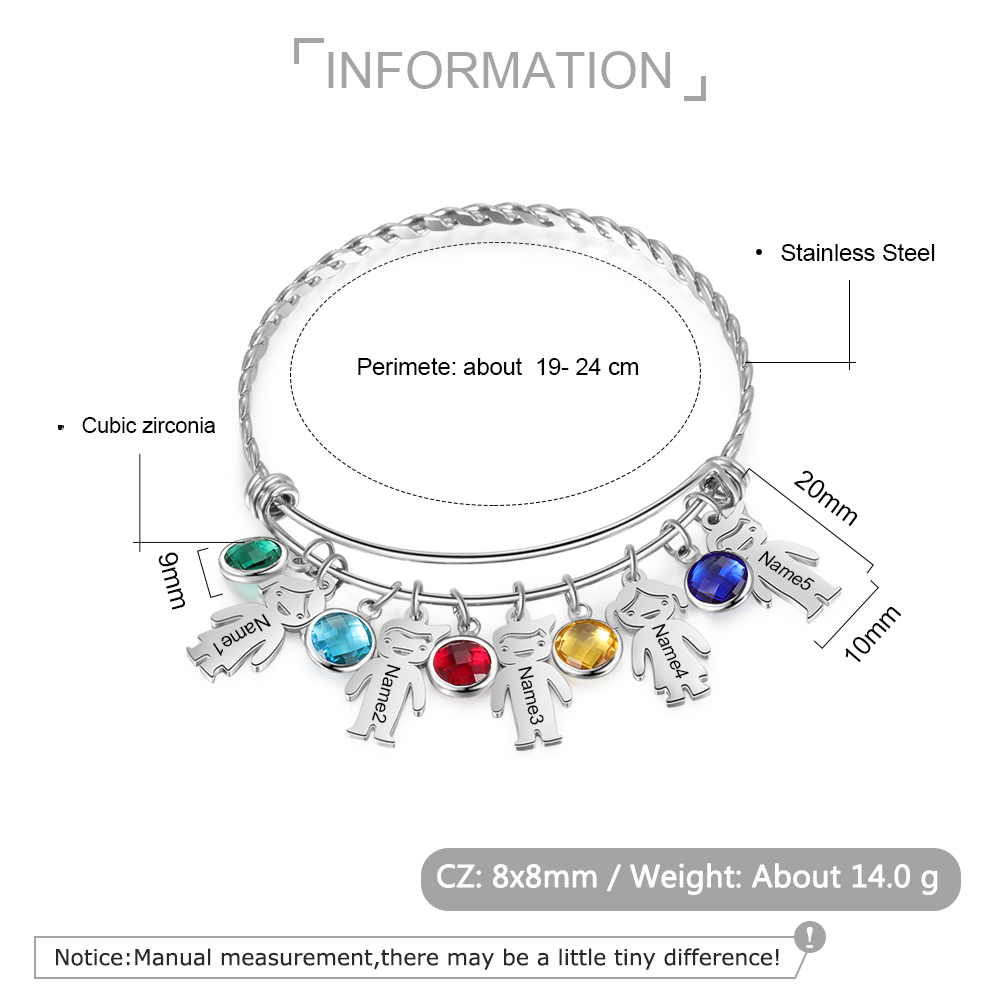 Personalised Kid Charms Bangle Bracelet With Names Customised 5 Birthstones Gift for Her-Jessemade AU