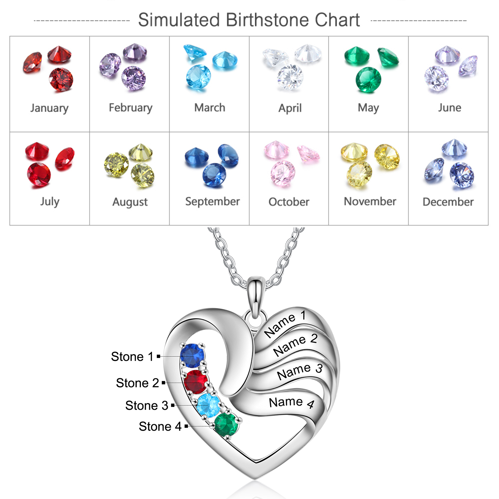 Customised Heart Necklace With 4 Birthstones Engraved Names Family Necklace Gifts for Her-Jessemade AU