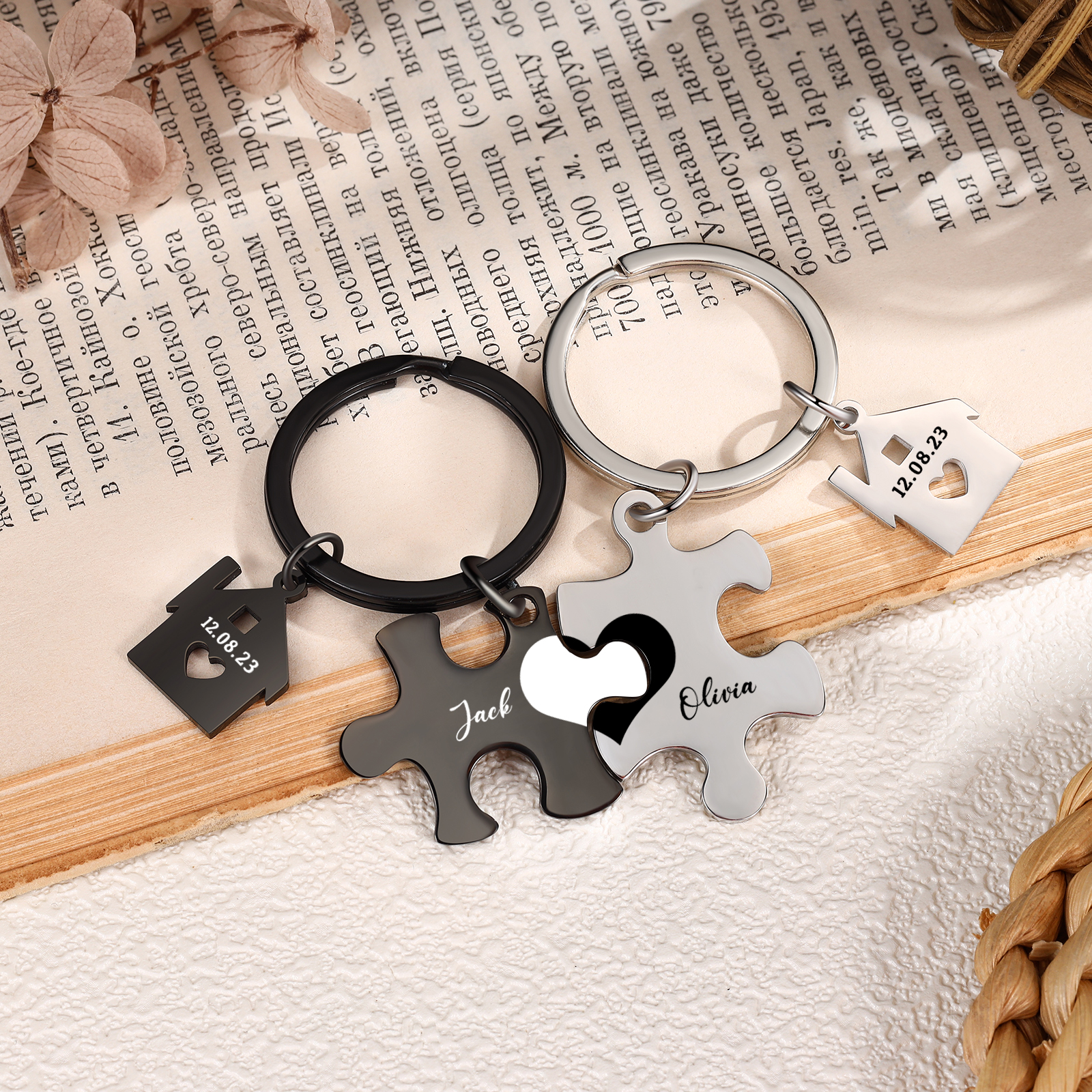 2 PCS Couple Keychain Set Custom 2 Names & Date Keyring Puzzle Keychain Valentine's Day Personalised Gift for Him/Her-Jessemade AU