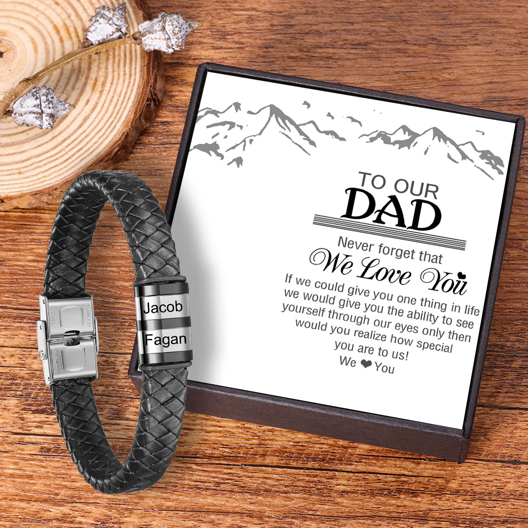Men Leather Bracelet with 2 Beads Engraved Names Custom Bracelet For Dad-Jessemade AU
