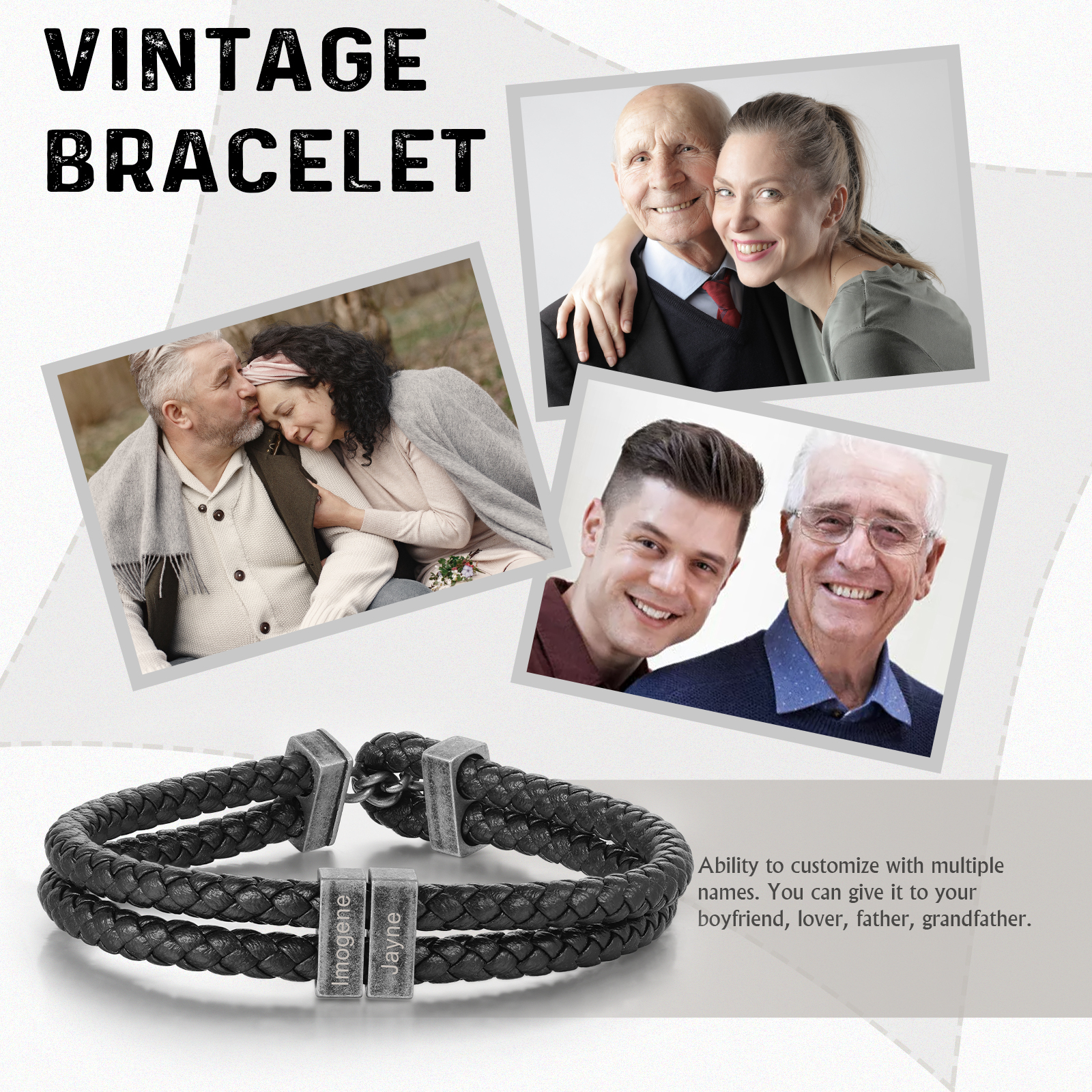 Double Layer Men Name Bracelet Engraved 2 Names Bracelet Woven Leather Bracelet Vintage Gift for Him-Jessemade AU