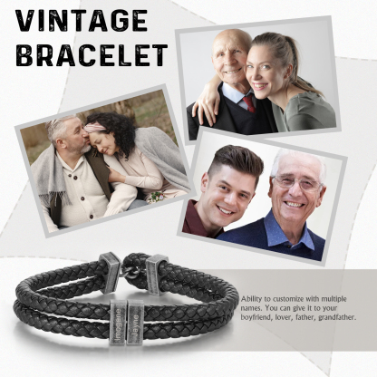 Double Layer Men Name Bracelet Engraved 2 Names Bracelet Woven Leather Bracelet Vintage Gift for Him-Jessemade AU
