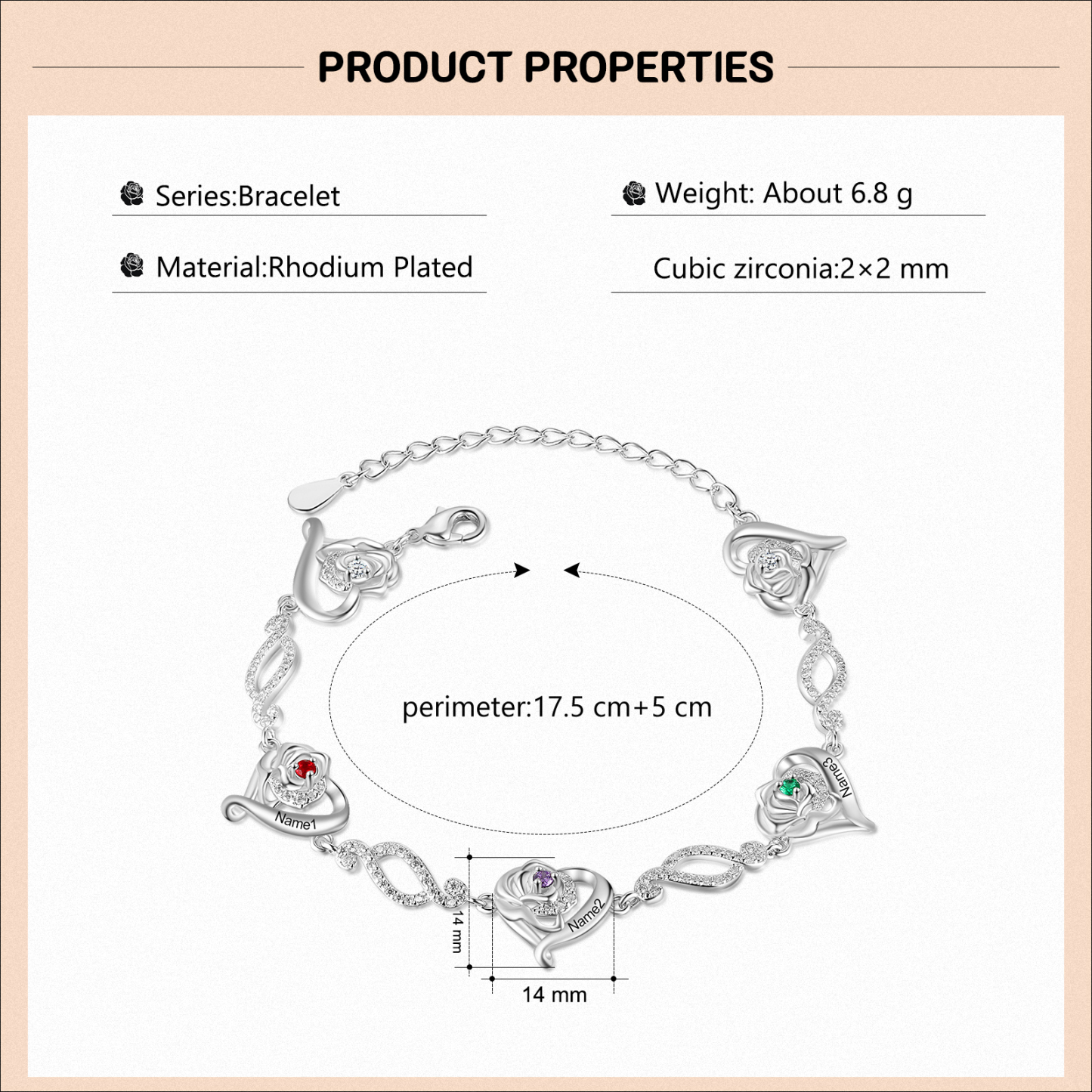 Flowers Bracelet Personalised 3 Birthstones Bracelet Engraved Names Flowers Charm Gifts For Her-Jessemade AU