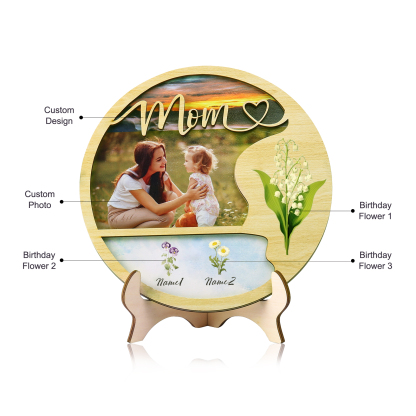 Personalised Photo & Text Wooden Plaque Custom 3 Birth Flowers & 2 Names Wooden Sign With Stand Gifts for Mum/Nana-Jessemade AU