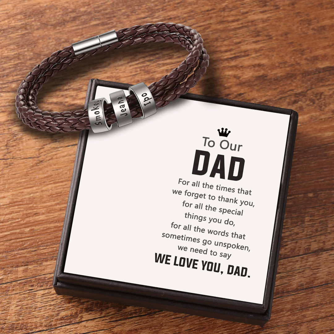 Leather Braided Bracelet Men Bracelets Personalised 3 Names 3 Beads Gift For Dad-Jessemade AU