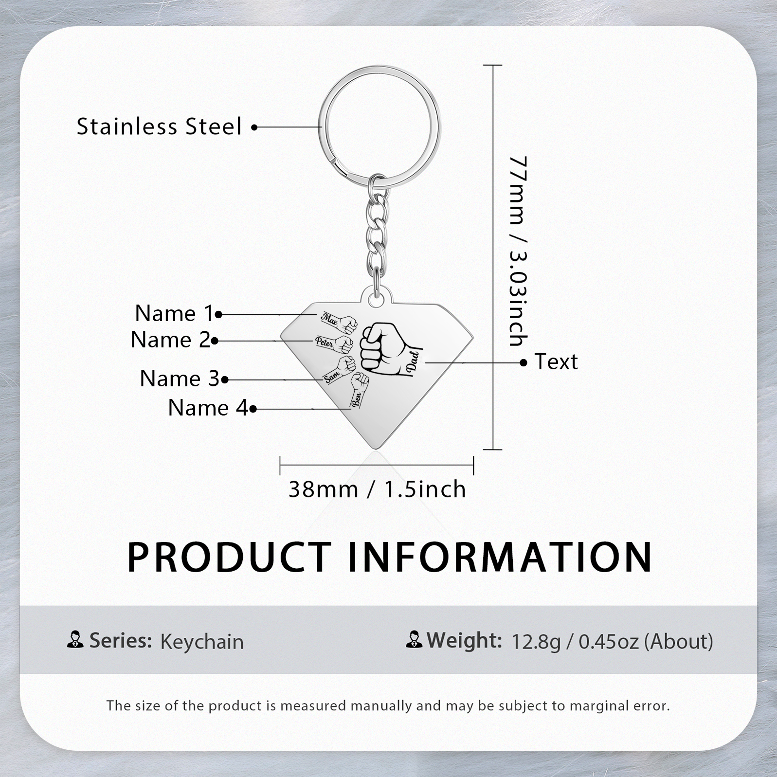 Personalised 4 Names & 1 Text Fist Bump Keychain Engraved Kids Names Keychain Gifts for Grandpa/Dad-Jessemade AU