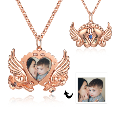 Personalised Baby Feet Photo Locket Necklace with Birthstone Custom Names Necklace-Jessemade AU