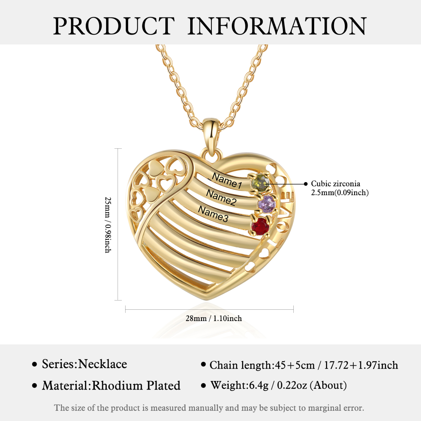 LOVE Heart Necklace Custom 3 Names & Birthstones Family Necklace Gifts For Her-Jessemade AU