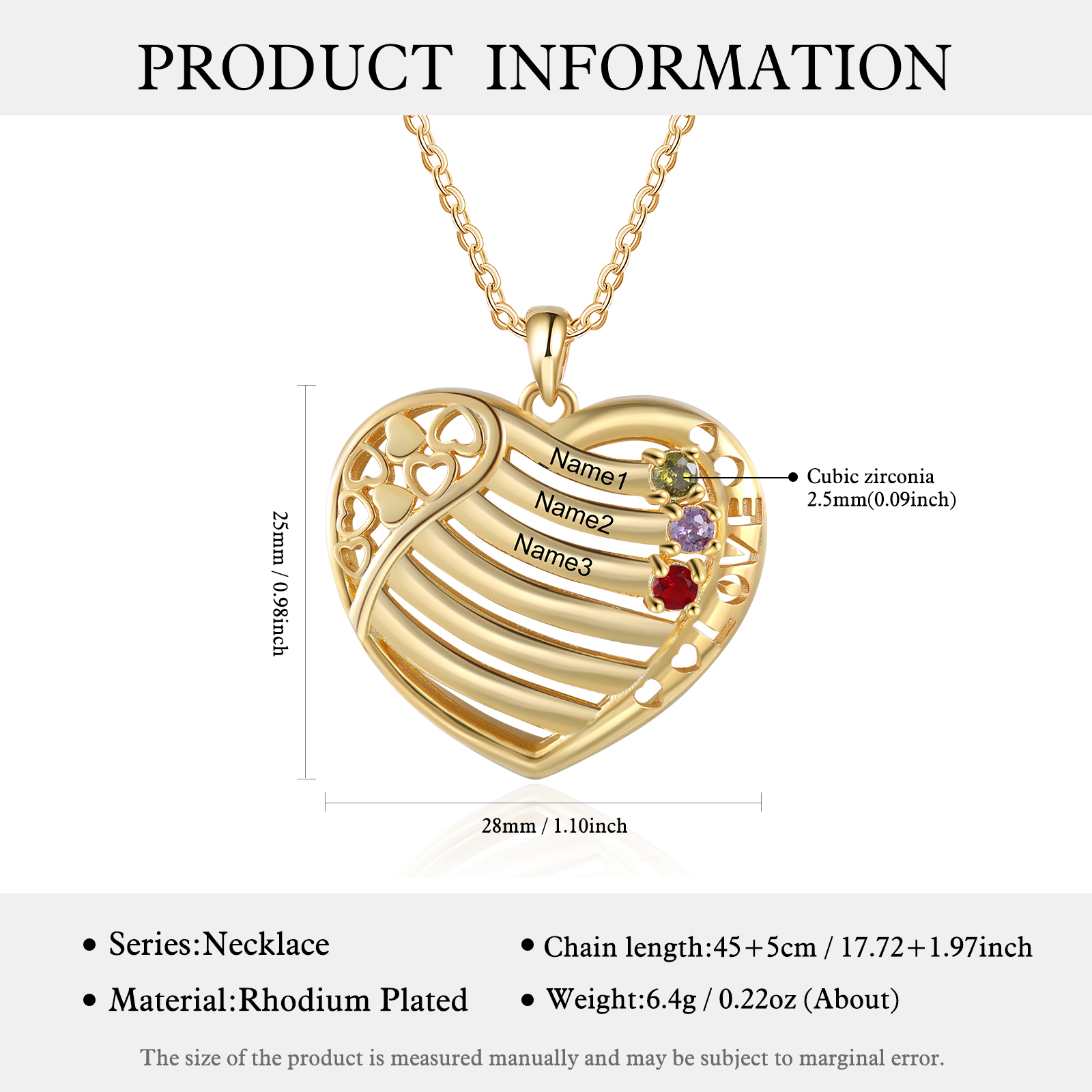 LOVE Heart Necklace Custom 3 Names & Birthstones Family Necklace Gifts For Her-Jessemade AU