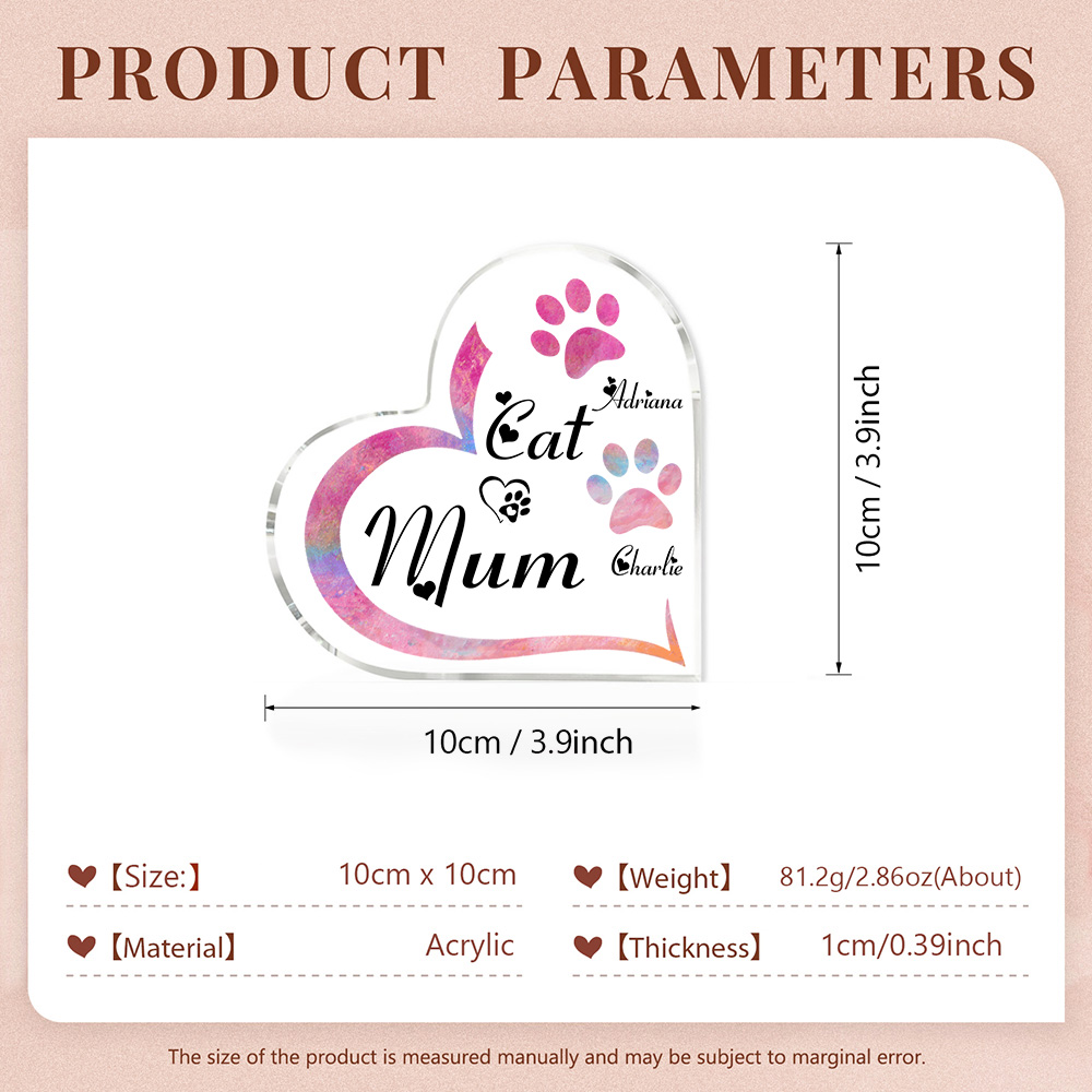Personalised Acrylic Heart Keepsake Custom 2 Names Cat Footprints Ornaments Gifts for Mum-Jessemade AU