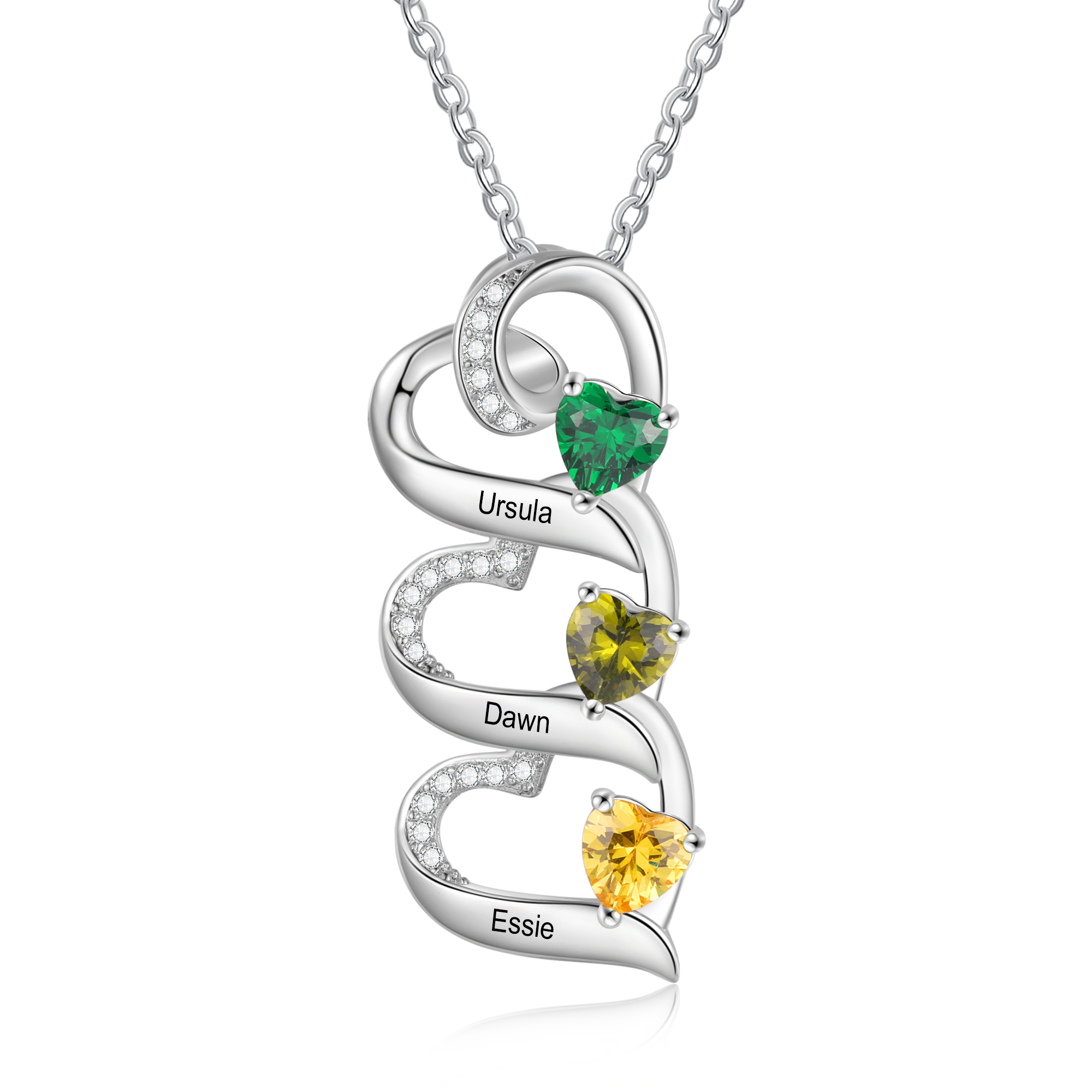 Personalised S925 Silver Heart Necklace Custom 3 Birthstones and Names Gift for Her