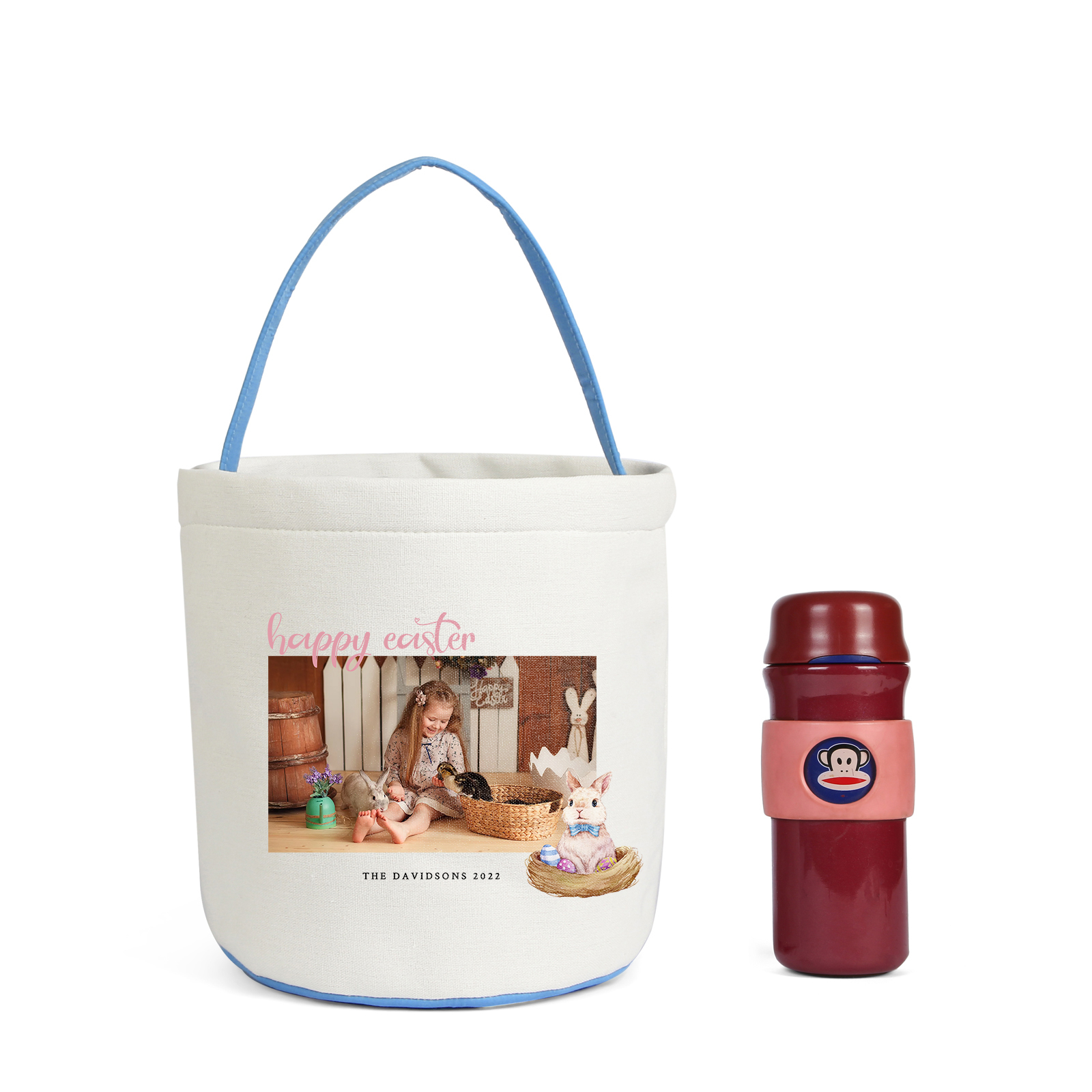 Easter Bunny Tote Bag Personalised Photo & 2 Texts Bucket Bag White Basket Gifts For Kids-Jessemade AU