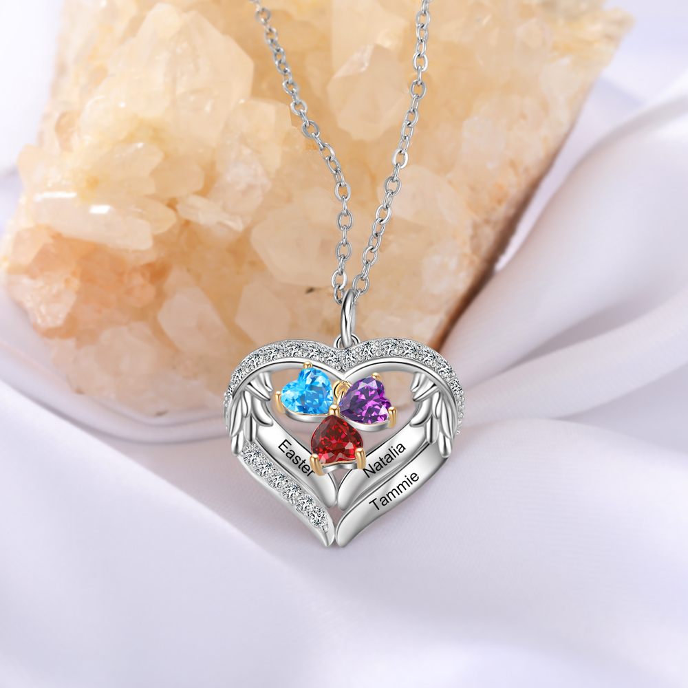 Personalised Wings Necklace With 3 Heart Birthstones Engraved Names Gift For Women-Jessemade AU
