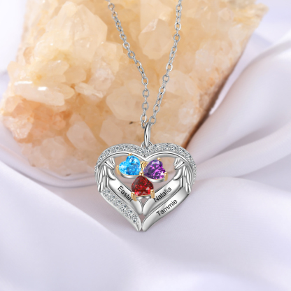 Personalised Wings Necklace With 3 Heart Birthstones Engraved Names Gift For Women-Jessemade AU