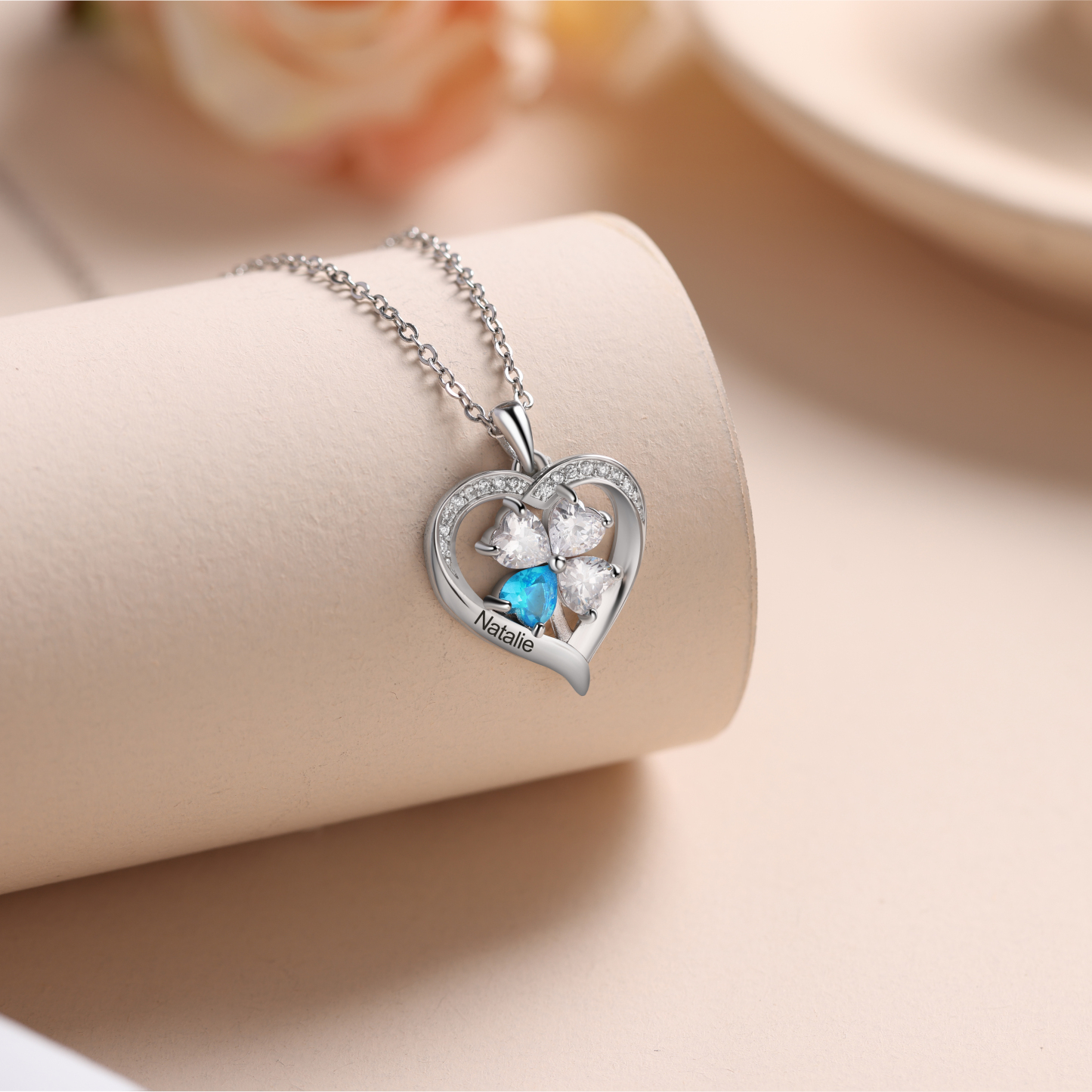 Personalised Heart Necklace with 1 Birthstone Engrave Names Family Necklace for Mom-Jessemade AU