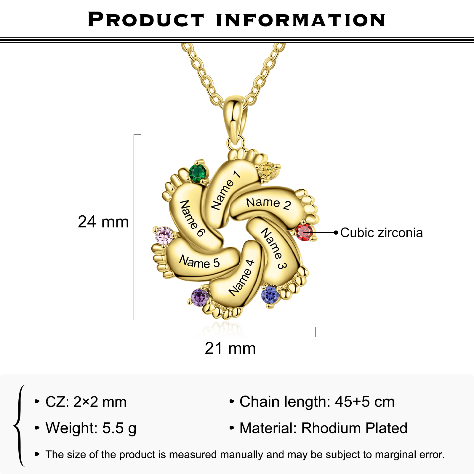 Personalised Baby Feet Necklace With 6 Birthstones Engraved Names Gift For Mother-Jessemade AU