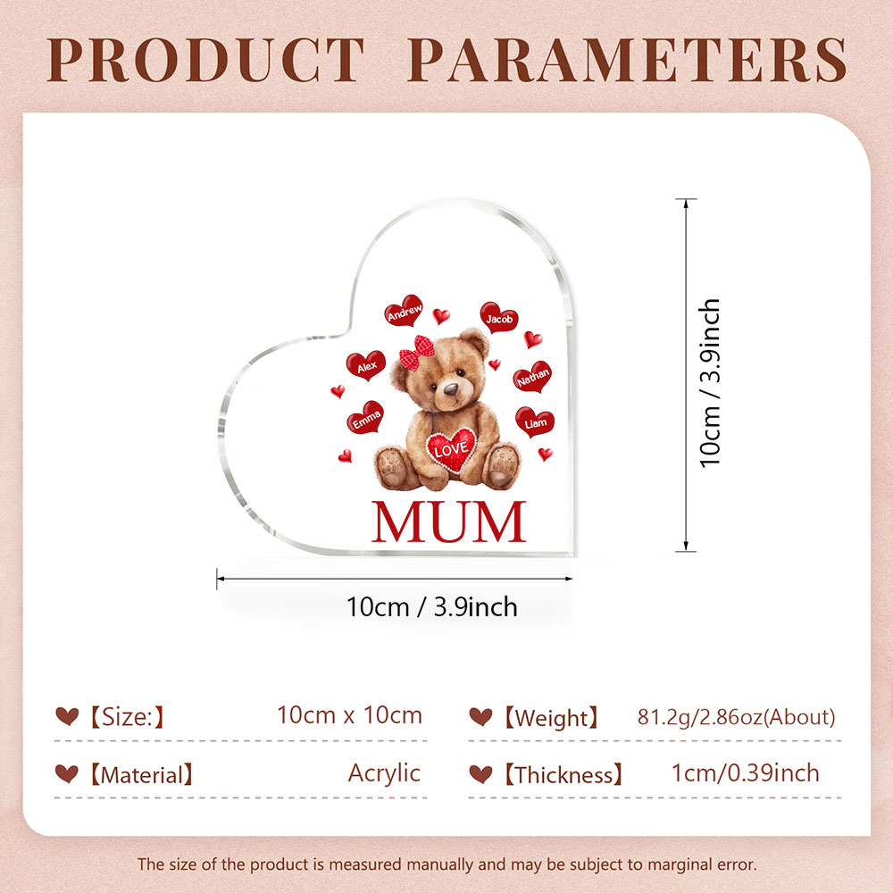 6 Names - Personalised Acrylic Heart Keepsake Custom 2 Texts Teddy Bear Ornaments Gifts for Grandma/Mother-Jessemade AU