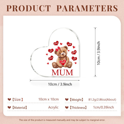 6 Names - Personalised Acrylic Heart Keepsake Custom 2 Texts Teddy Bear Ornaments Gifts for Grandma/Mother-Jessemade AU