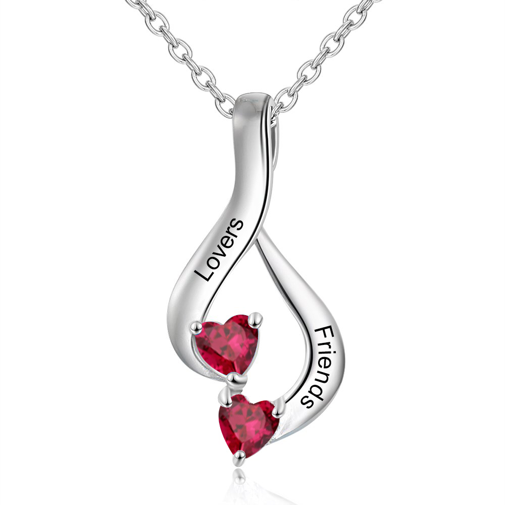 Personalised Necklace With 2 Heart Birthstones Engraved Names Gift For Her-Jessemade AU