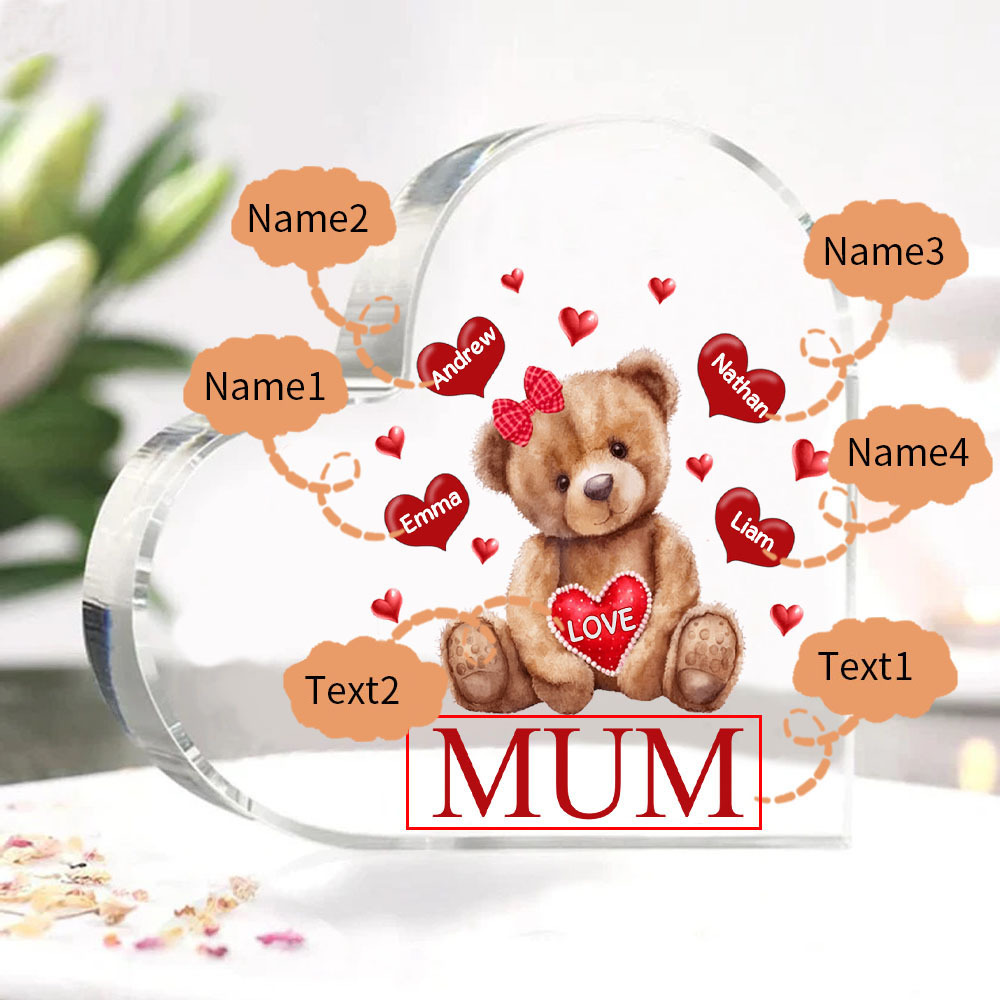 4 Names - Personalised Acrylic Heart Keepsake Custom 2 Texts Teddy Bear Ornaments Gifts for Grandma/Mother-Jessemade AU