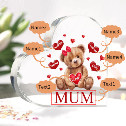 4 Names - Personalised Acrylic Heart Keepsake Custom 2 Texts Teddy Bear Ornaments Gifts for Grandma/Mother-Jessemade AU