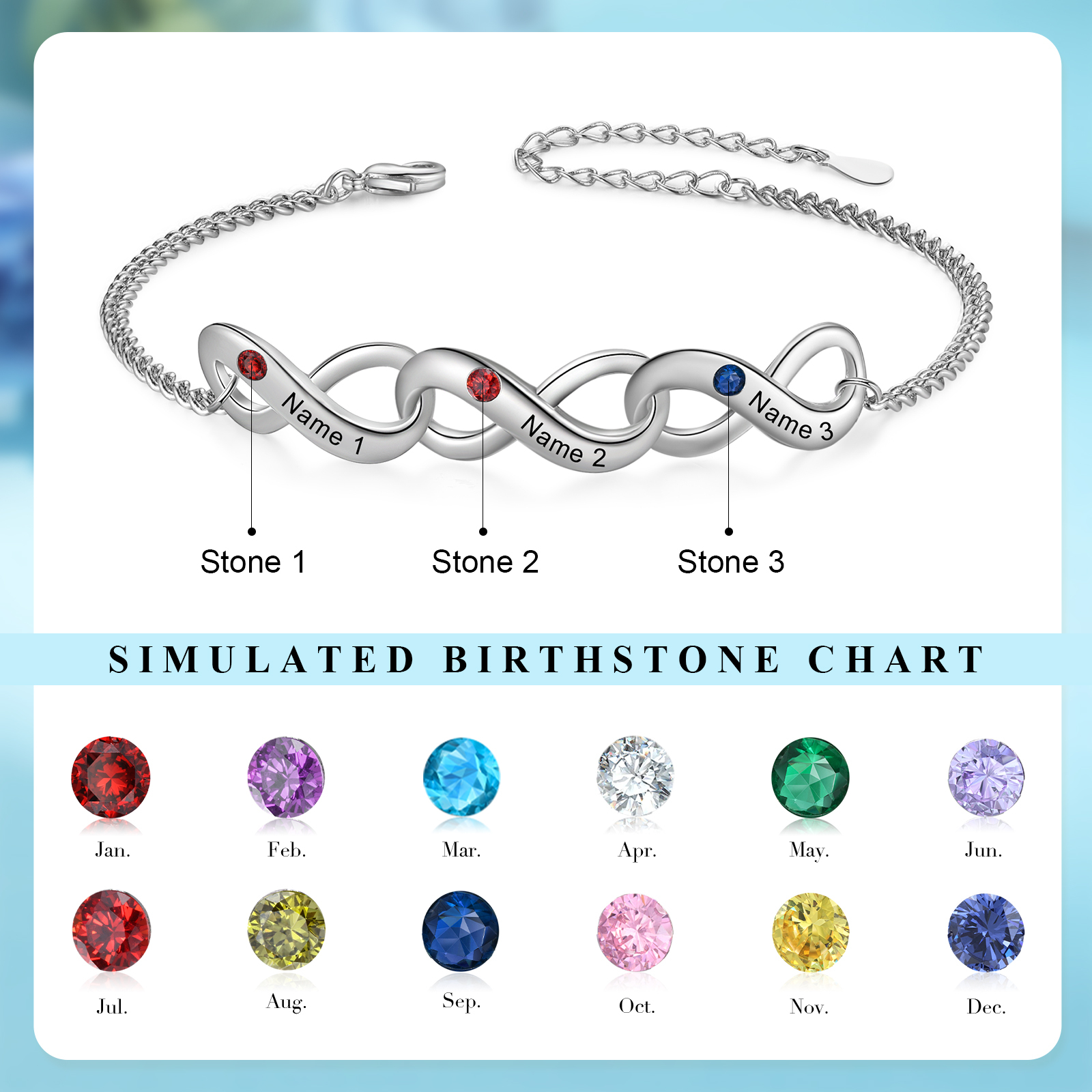 Personalised Infinity Bracelet Custom 3 Birthstones & 3 Names Bracelet Birthday Gift for Her-Jessemade AU