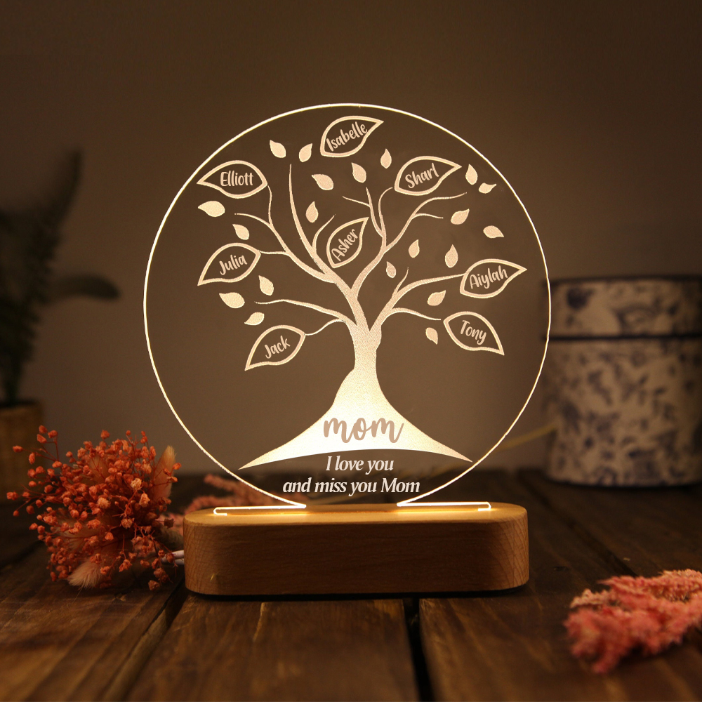 Personalised Family Tree Night Light Engraved 8 Names Wooden LED Lamp-Jessemade AU