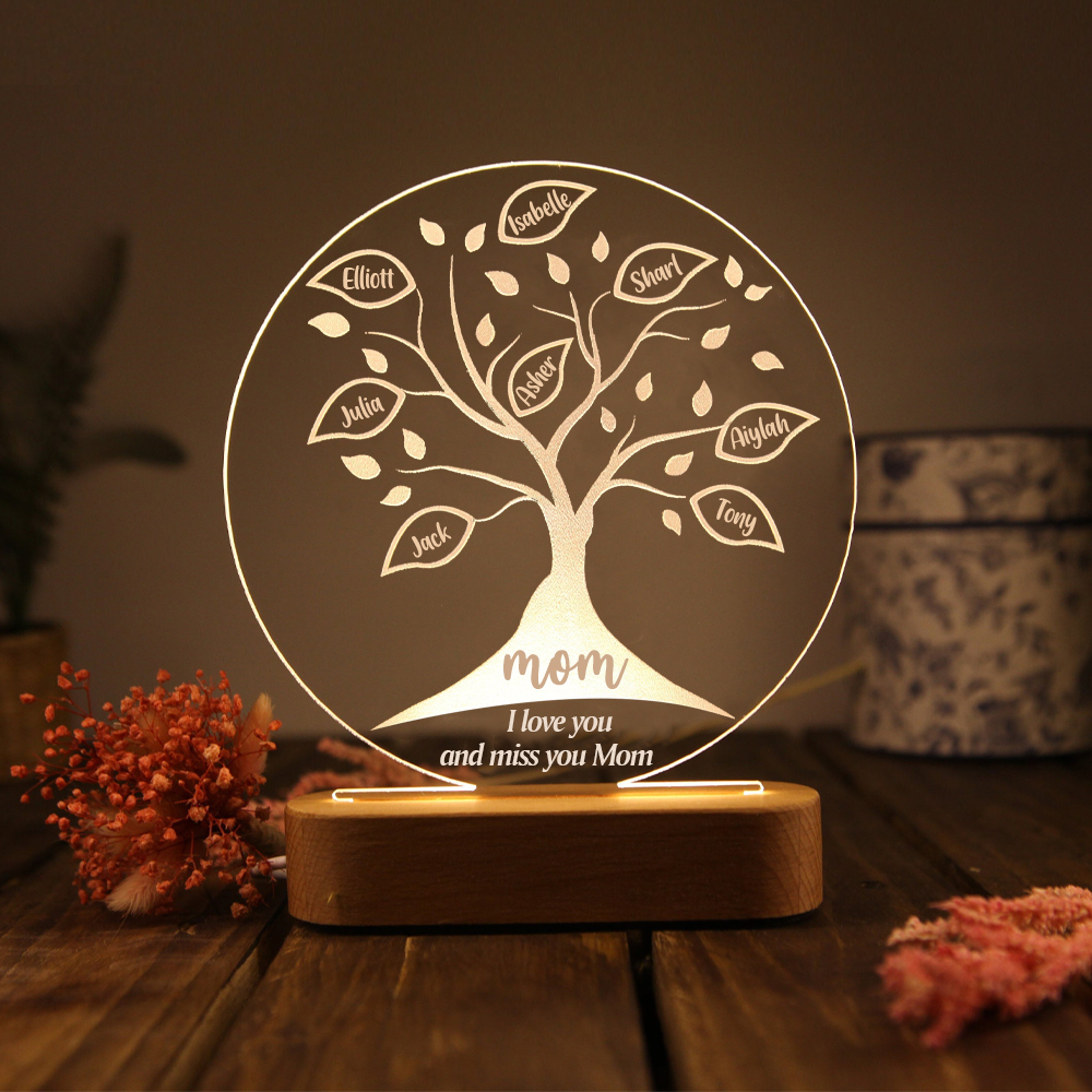 Personalised Family Tree Night Light Engraved 8 Names Wooden LED Lamp-Jessemade AU