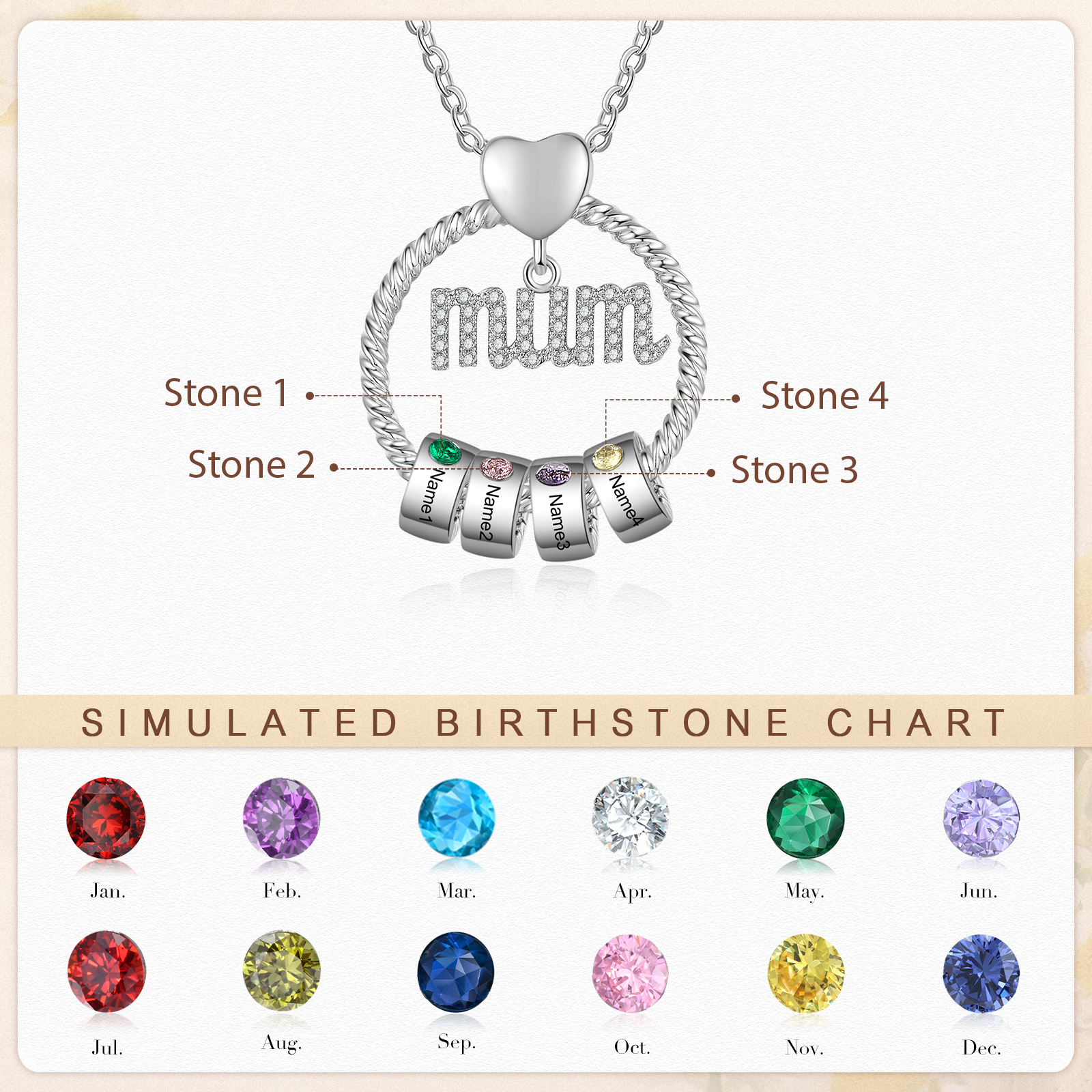4 Names - Personalised Mum Circle Pendant Necklace Custom Names & Birthstones Necklace Gifts For Mum-Jessemade AU