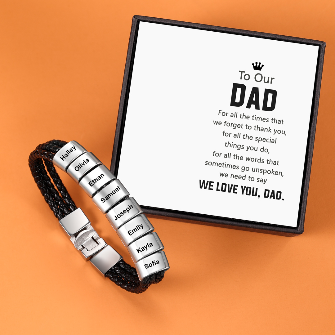 Personalised Braided Leather Bracelet Engraved 8 Names Men's Bracelet Gifts For Him-Jessemade AU