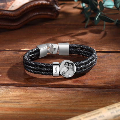 Personalised Men's Leather Bracelet Custom 1 Name & 1 Photo Braided Bracelet Father's Day Gifts for Him-Jessemade AU