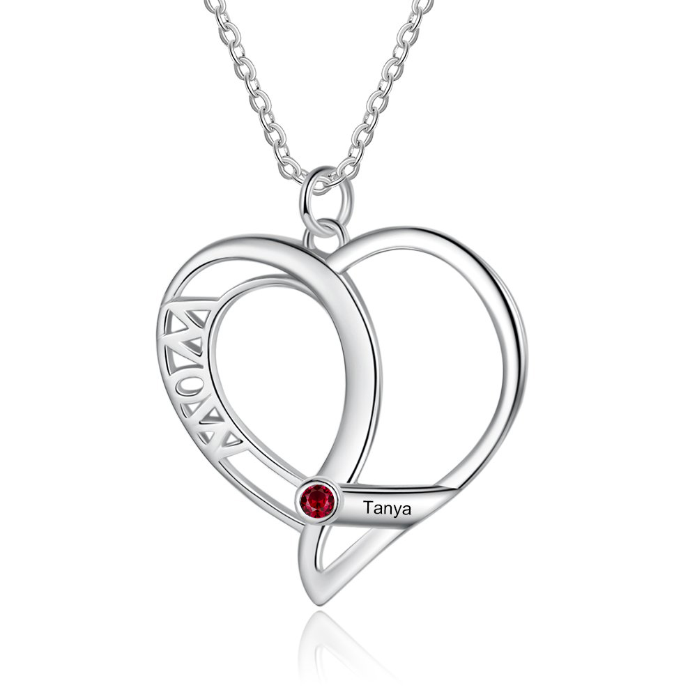 Personalised Heart Necklace With 1 Birthstone Engraved Names Gift For Mother-Jessemade AU