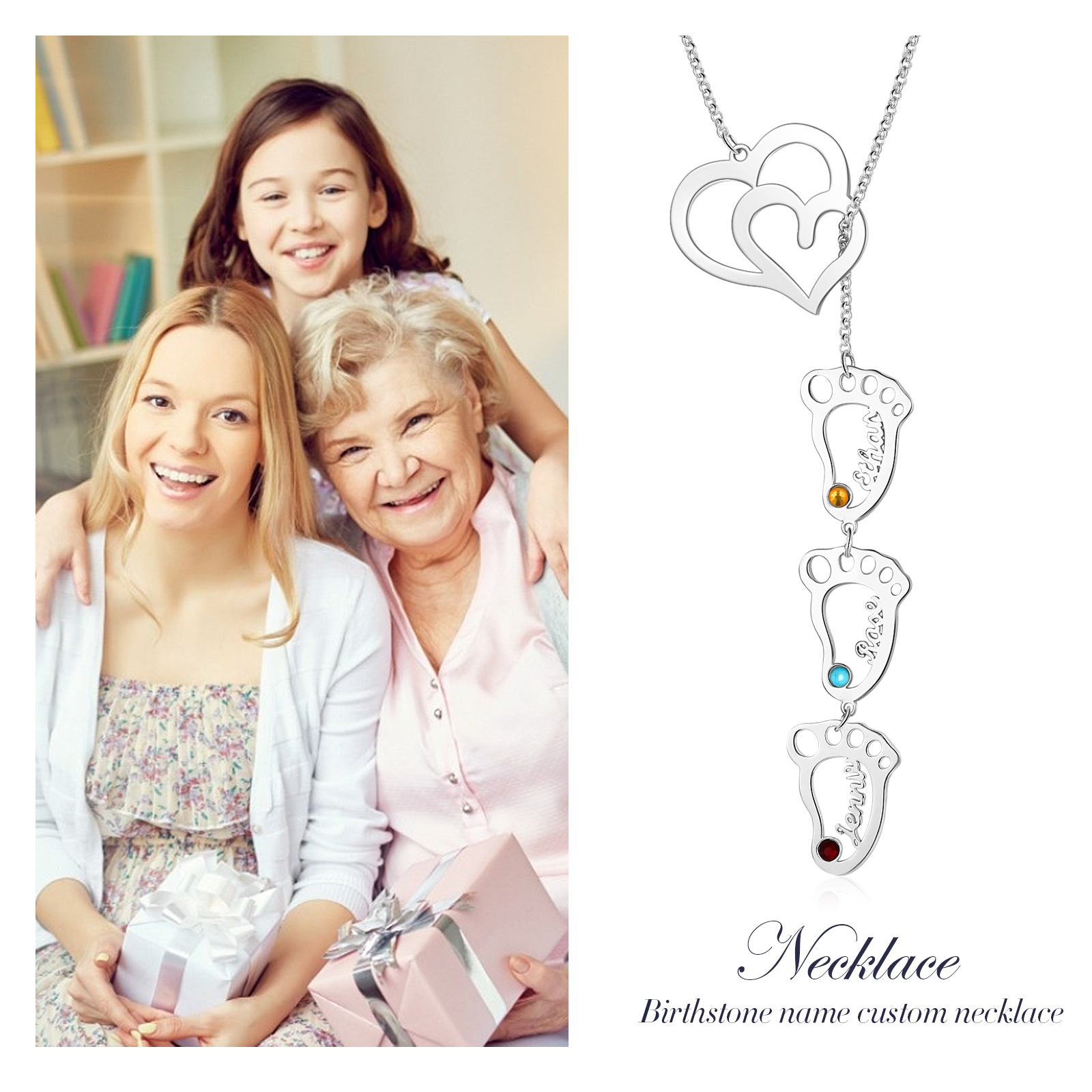 Personalised Baby Foot Necklace With Birthstones Custom 3 Names Necklace Gift For Mother-Jessemade AU