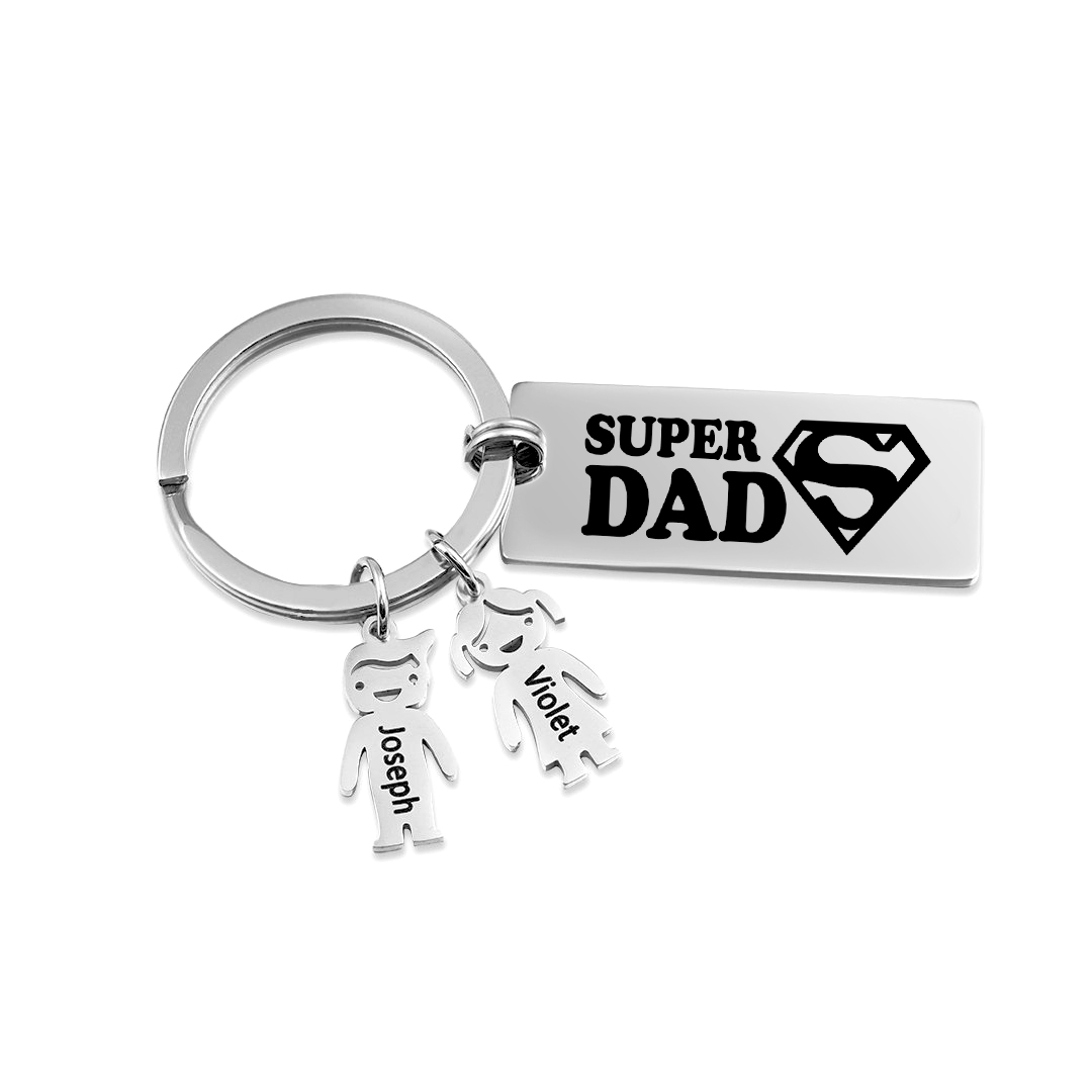 Father's Day Gift Personalised Super Dad Keychain Engraved 2 Kid Charms-Jessemade AU