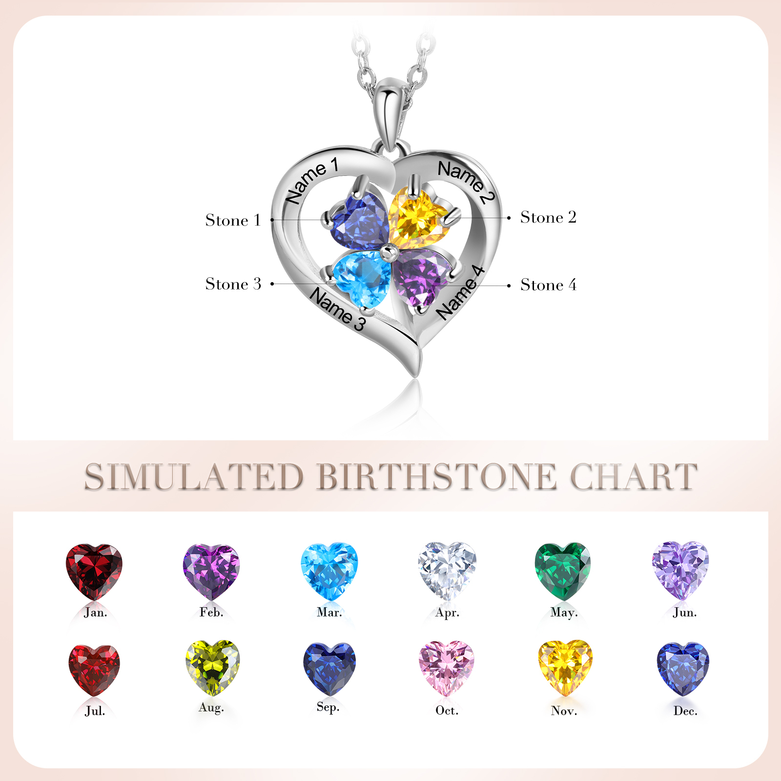 Personalised Heart Necklace with 4 Birthstones Engrave Names Family Necklace for Mom-Jessemade AU