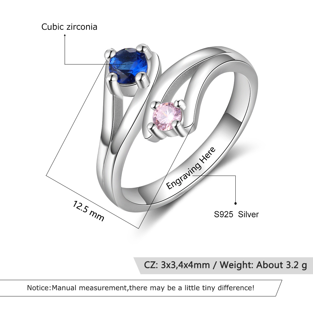 S925 Silver Ring Personalised 2 Birthstones Ring With Names Gifts For Her