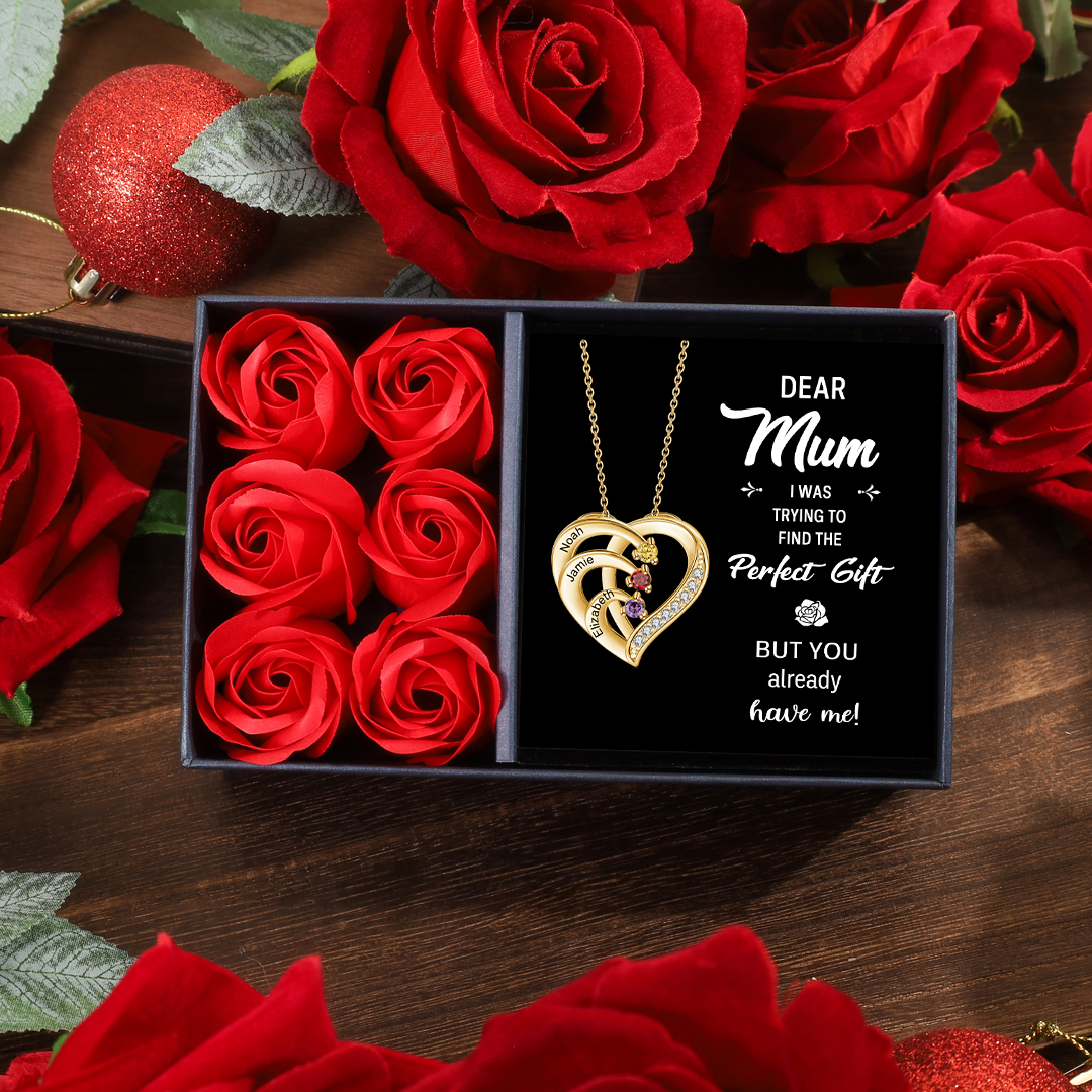 Personalised Mother Necklace Engraved 3 Names 3 Birthstone Intertwined Heart Pendant