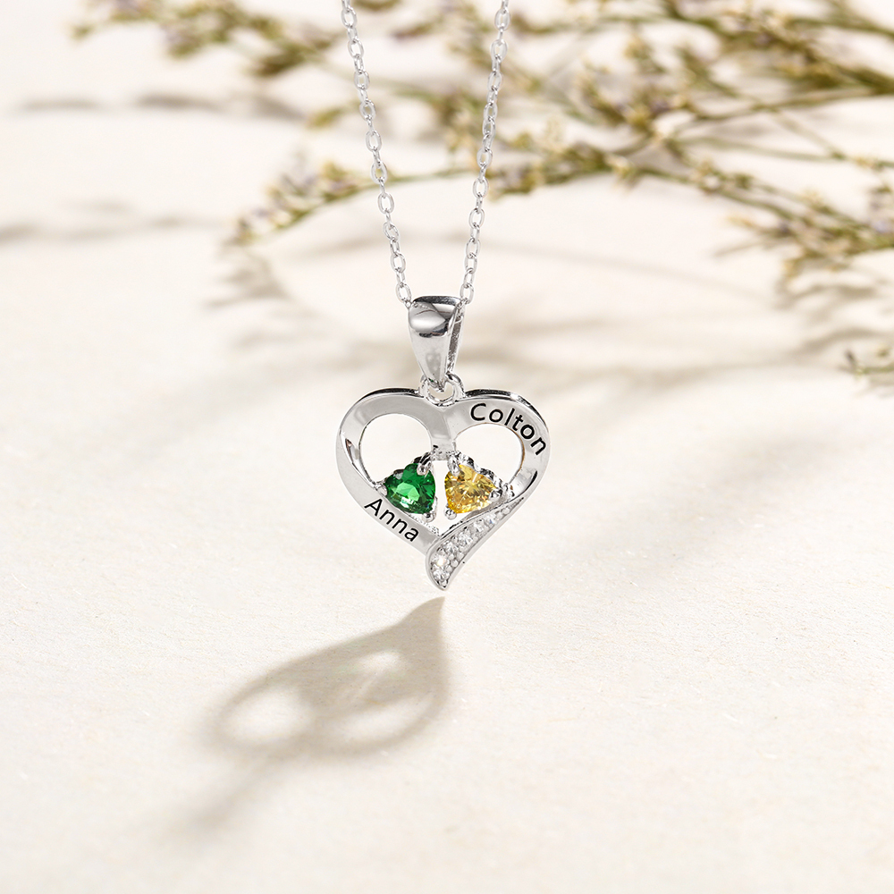 Personalised Heart Necklace With Names Custom 2 Birthstones Gifts For Women-Jessemade AU