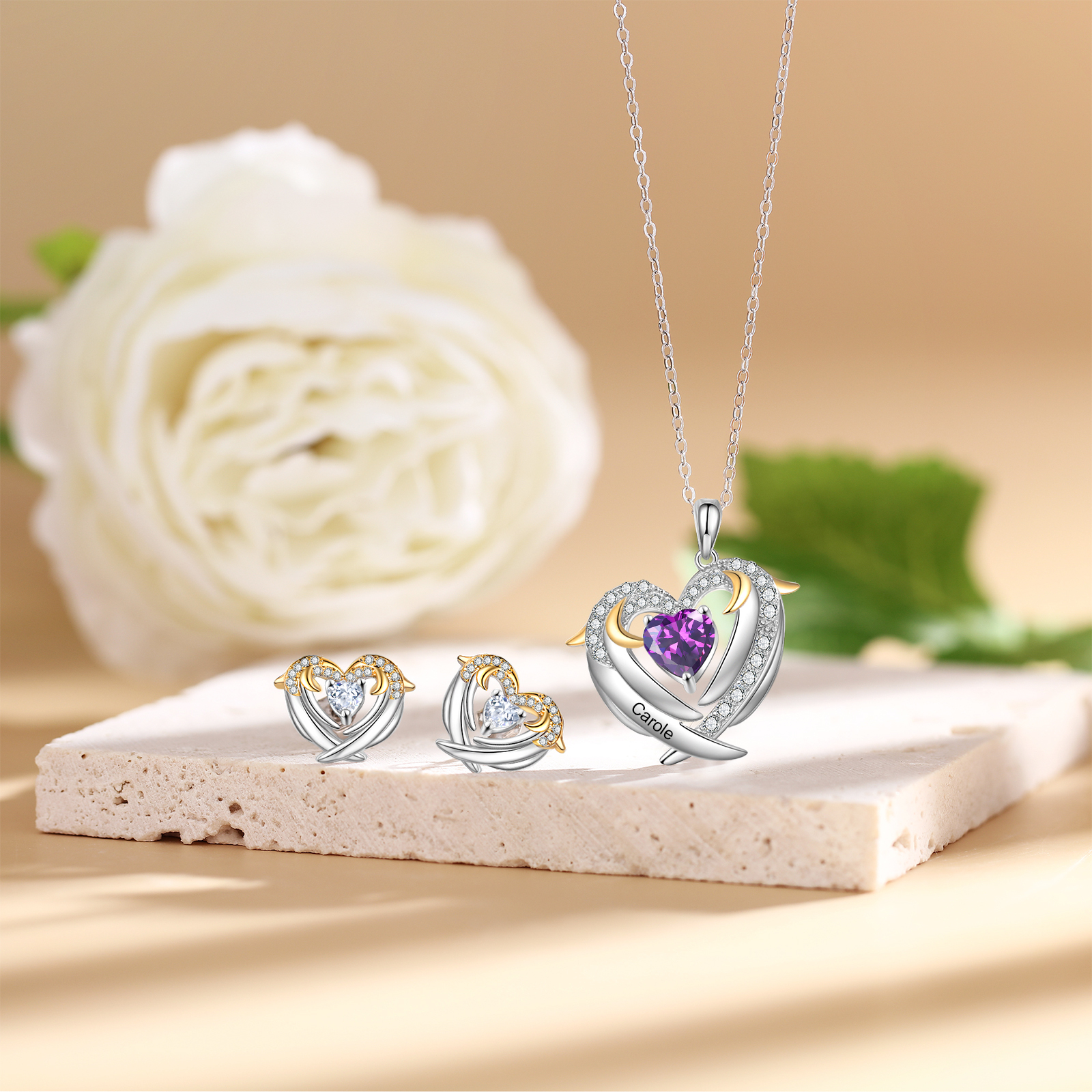 Personalised Heart Wings Necklace With 1 Birthstone Custom Names Necklace Gift For Her-Jessemade AU