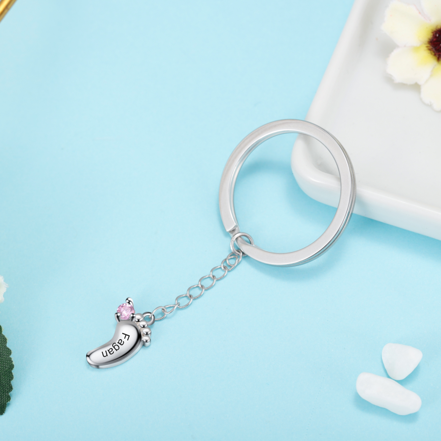 Personalised Baby Feet Keychain With 1 Birthstones Engraved names Keychain Gifts For Mother-Jessemade AU