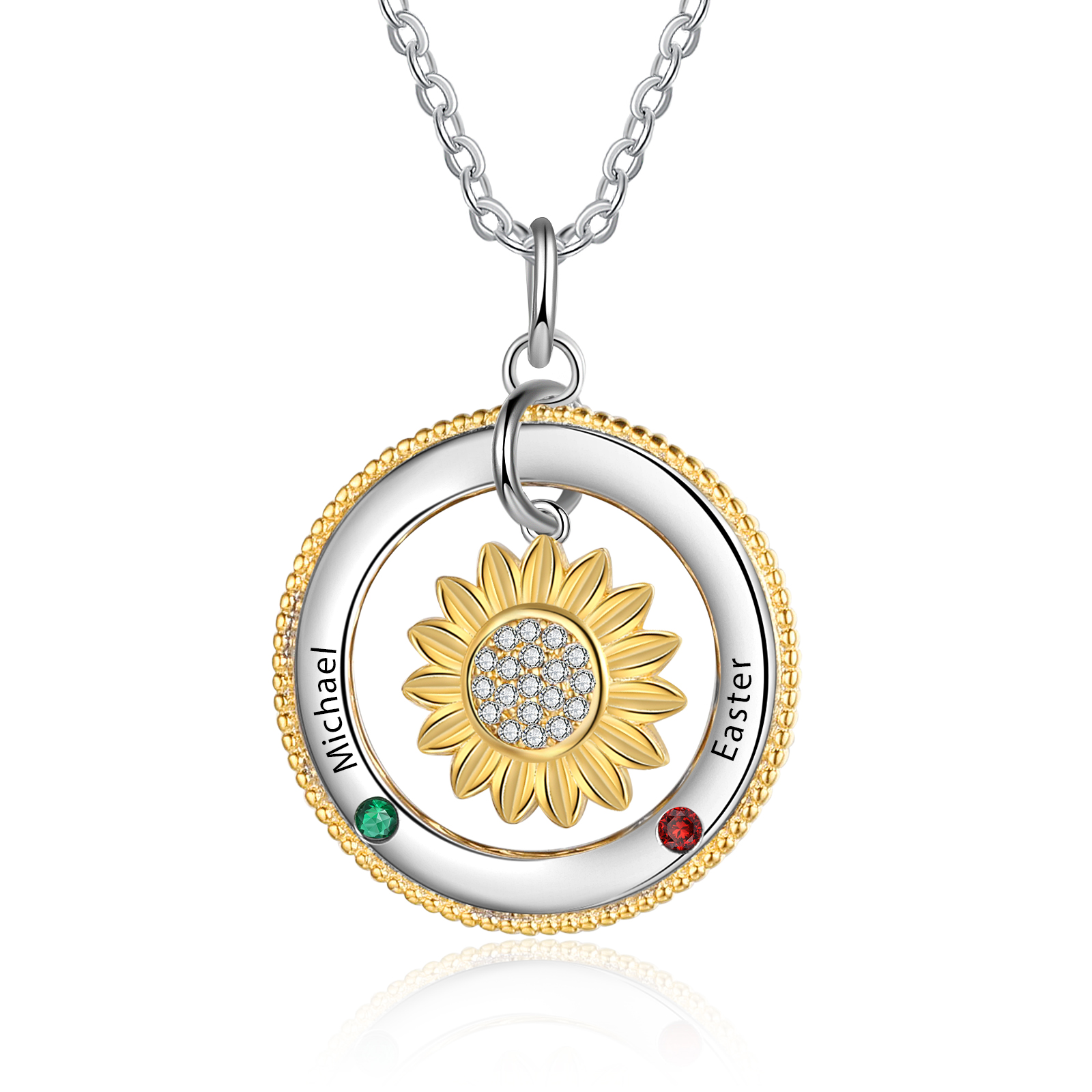 Personalised Sunflower Necklace With 2 Birthstones Engraved Names Necklace Gift For Women-Jessemade AU
