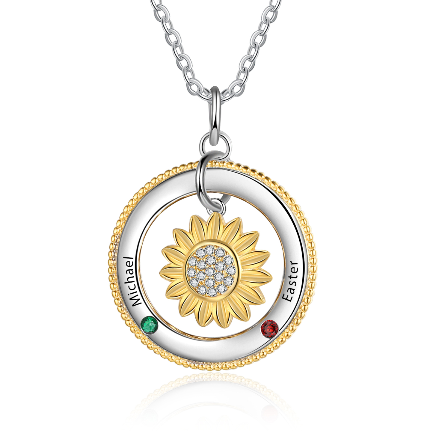Personalised Sunflower Necklace With 2 Birthstones Engraved Names Necklace Gift For Women-Jessemade AU