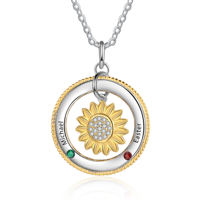 Personalised Sunflower Necklace With 2 Birthstones Engraved Names Necklace Gift For Women-Jessemade AU