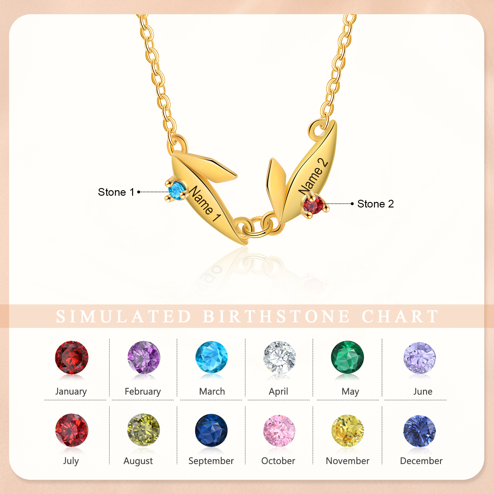 Personalised Leaves Pendant Necklace Custom 2 Names & 2 Birthstones Necklace Gifts for Her-Jessemade AU