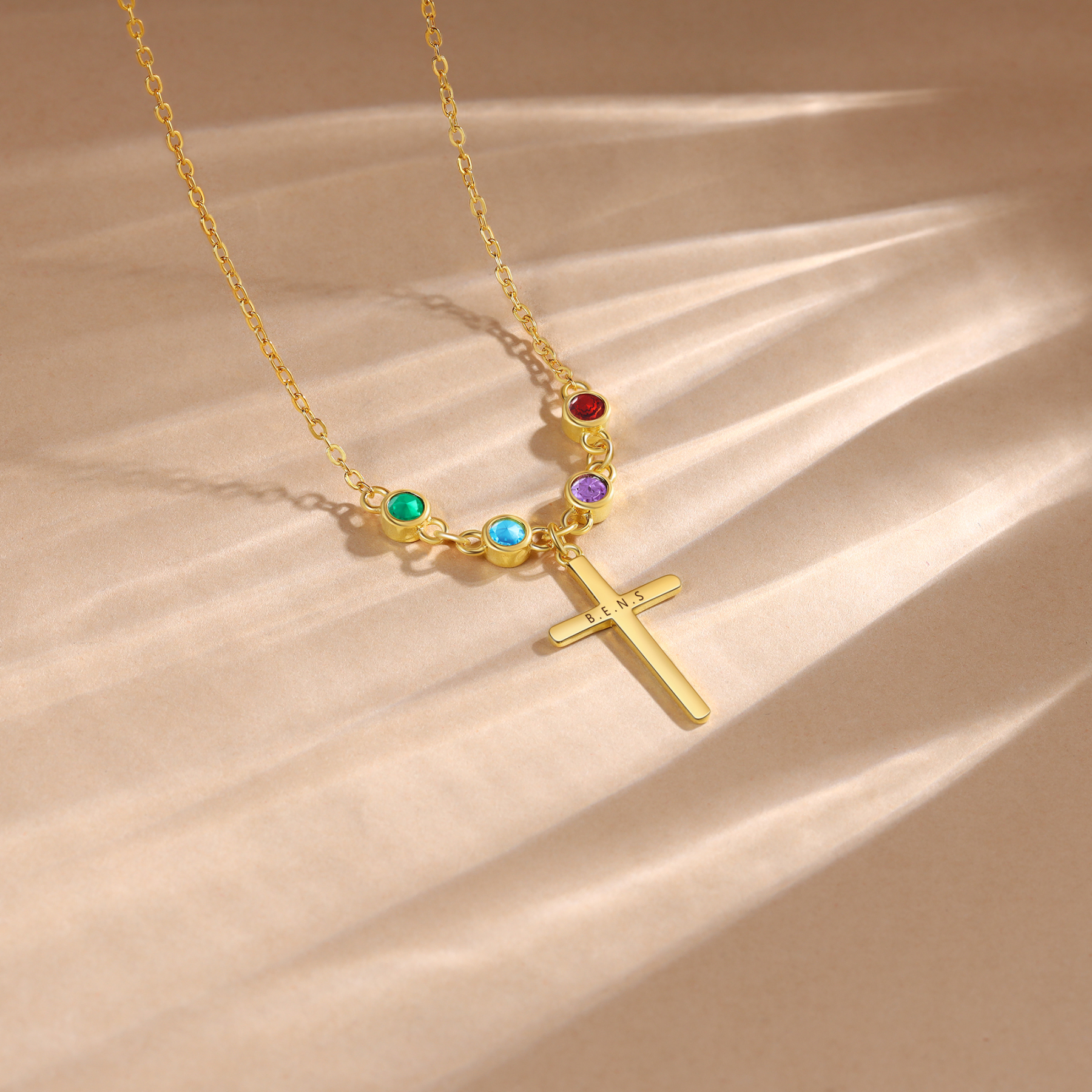 Personalised Cross Pendant Necklace Custom 4 Birthstones & 1 Text Necklace Birthday Gift for Her-Jessemade AU