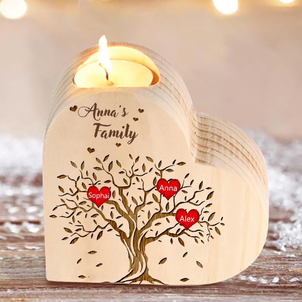 To My Family Wooden Heart Candle Holder Custom 3 Names Family Tree Candlesticks-Jessemade AU