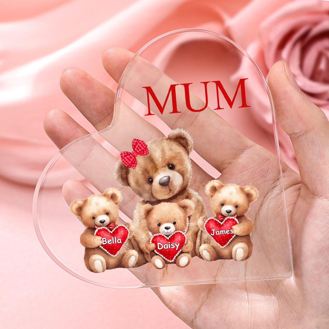 3 Names - Personalised Acrylic Heart Keepsake Custom Text Teddy Bear Ornaments Gifts for Grandma/Mother-Jessemade AU