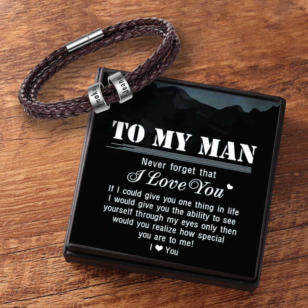 Leather Braided Bracelet Men Bracelets Personalised 2 Names 2 Beads Gift For Dad-Jessemade AU